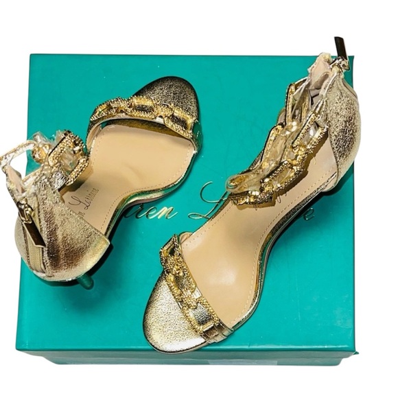 LAUREN LORRAINE GOLD RHINESTONES OPEN CHAIN ANKLE STRAP WOMEN SANDALS SIZE 5.5 M - Picture 3 of 13